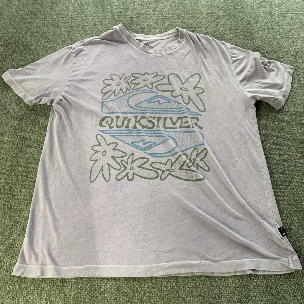 Quiksilver Shirt Unisex Large Purple Floral Surf Tee Baggy Fit Short Sleeve